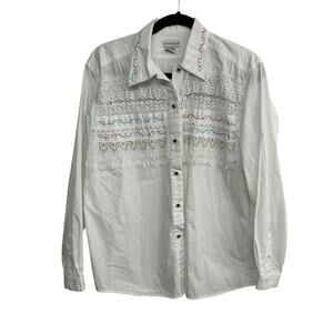 Rhinestone Western Fringe Shirt Carlton Sport Embroidered White Size L
